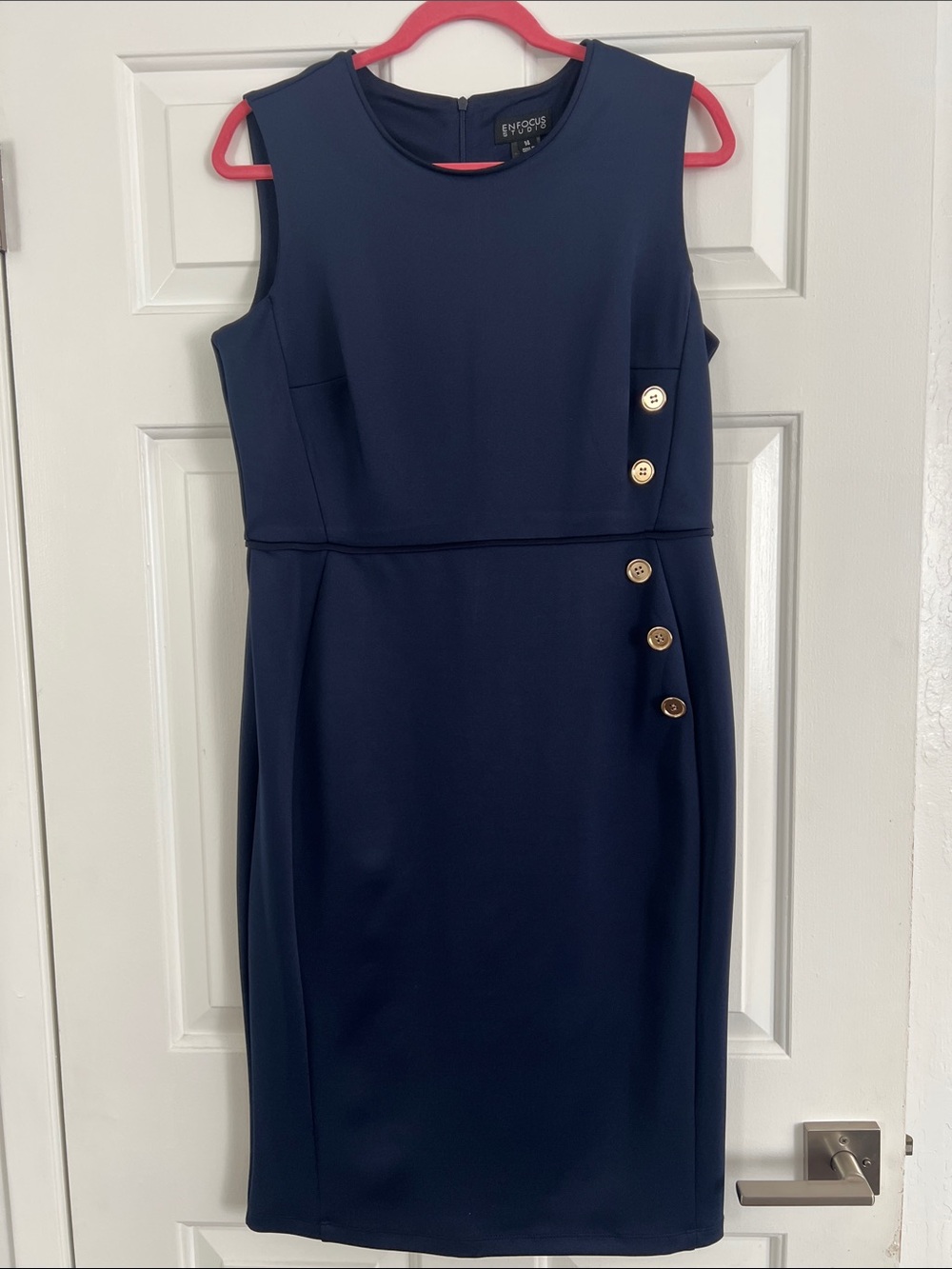 Evan Picone Navy Sleeveless Sheath Dress with Gold Buttons Detail